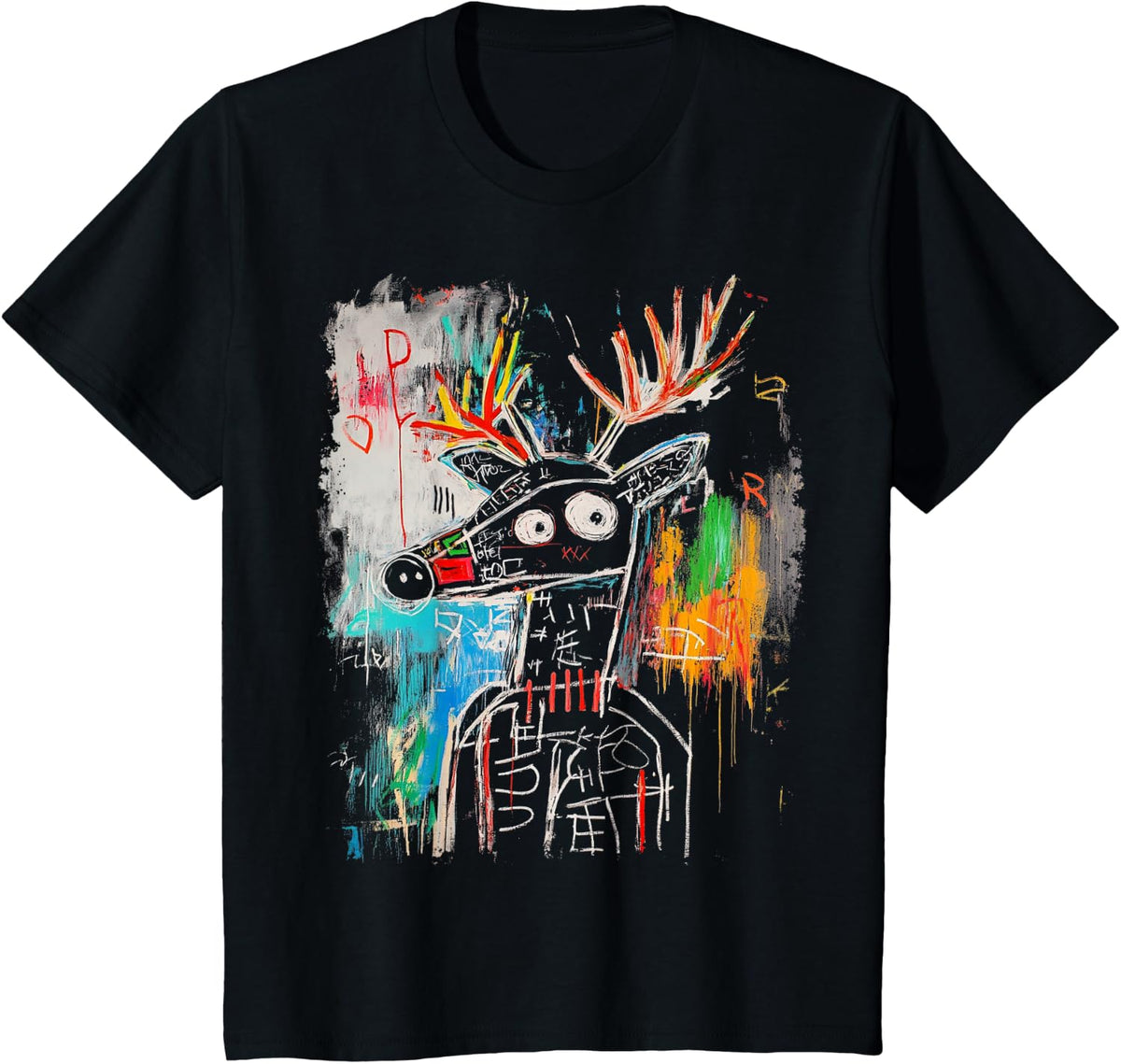 Pop Art Style Deer Graffiti T-Shirt - Black