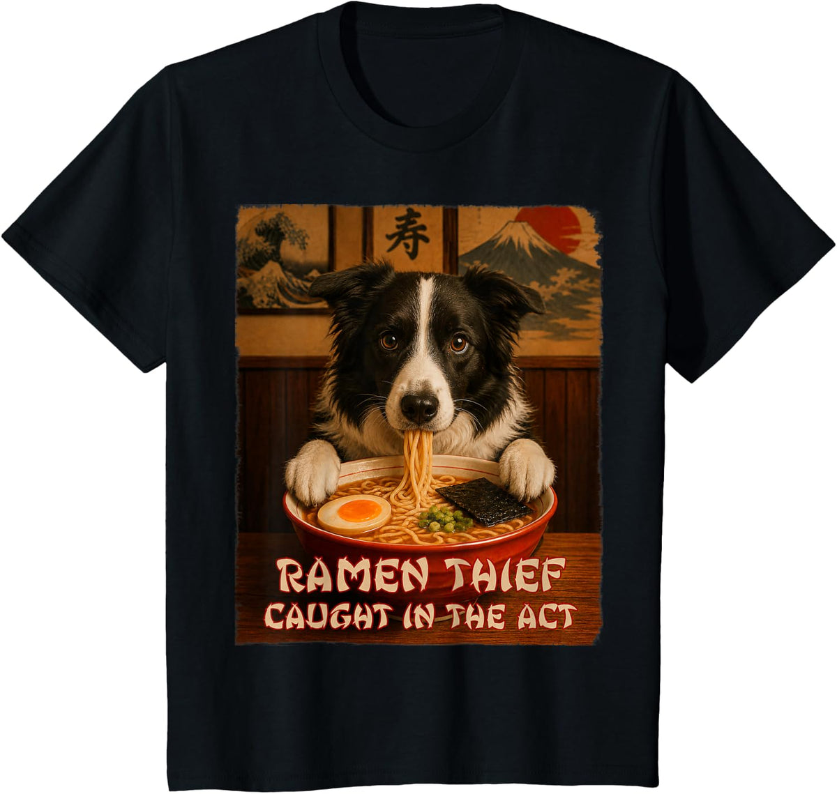 Funny Dog Tee - Border Collie - Ramen Dog Thief T-Shirt - Black