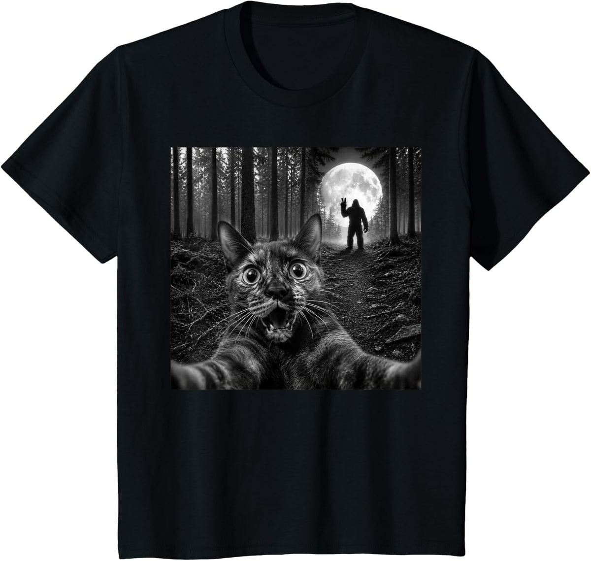 Tortoiseshell Cat Selfie with Bigfoot Peace Sign Sasquatch T-Shirt - Black