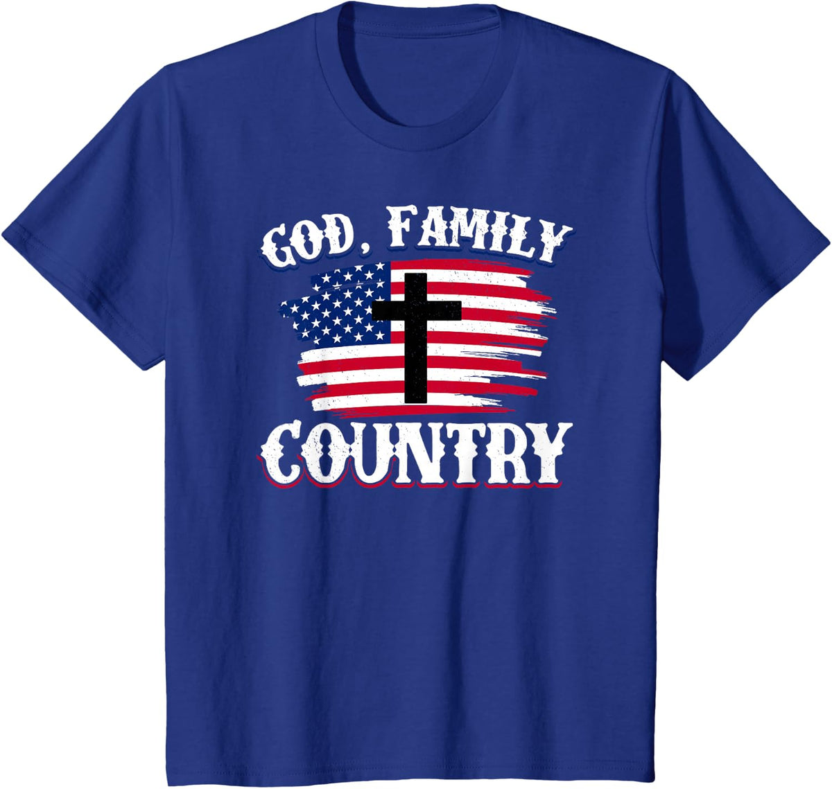 God Family Country American Flag Cross Christian Patriotic T-Shirt - Royal Blue