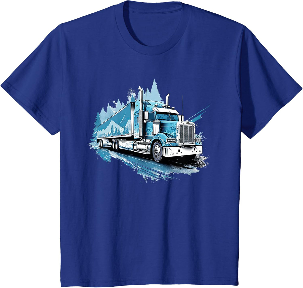 Blue Semi Truck Big Rig Forest Trucker Driver Art T-Shirt - Royal Blue