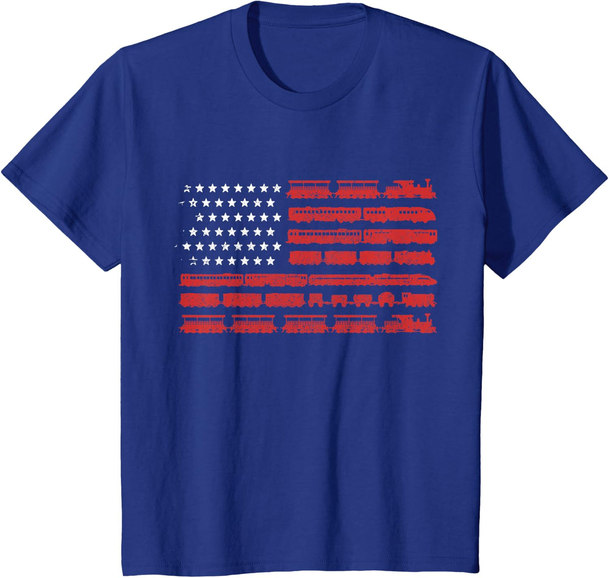 Train American Flag Patriotic Locomotive Railroad T-Shirt - Royal Blue