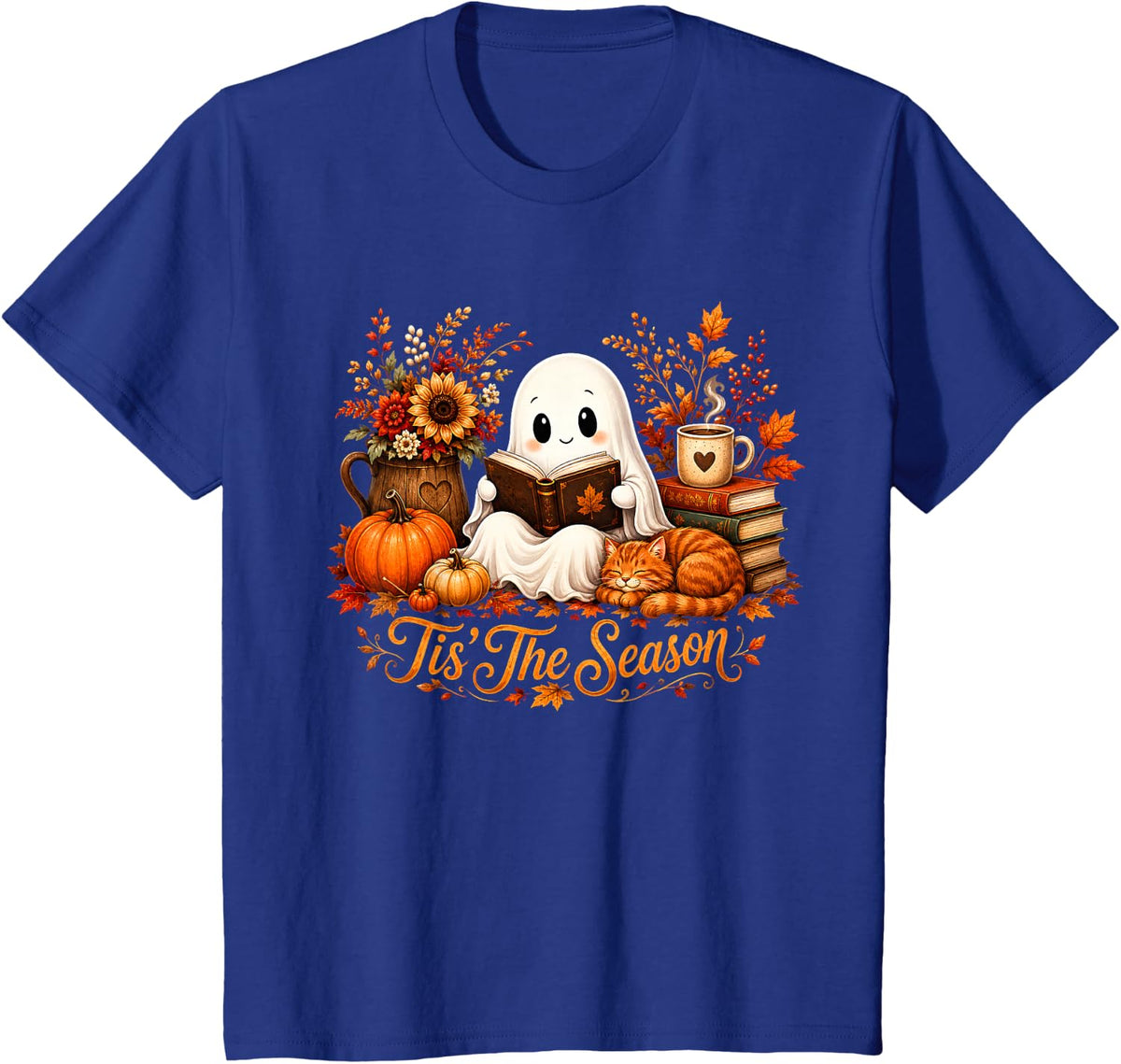 Tis The Season Ghost Reading Book Lover Autumn Halloween T-Shirt - Royal Blue