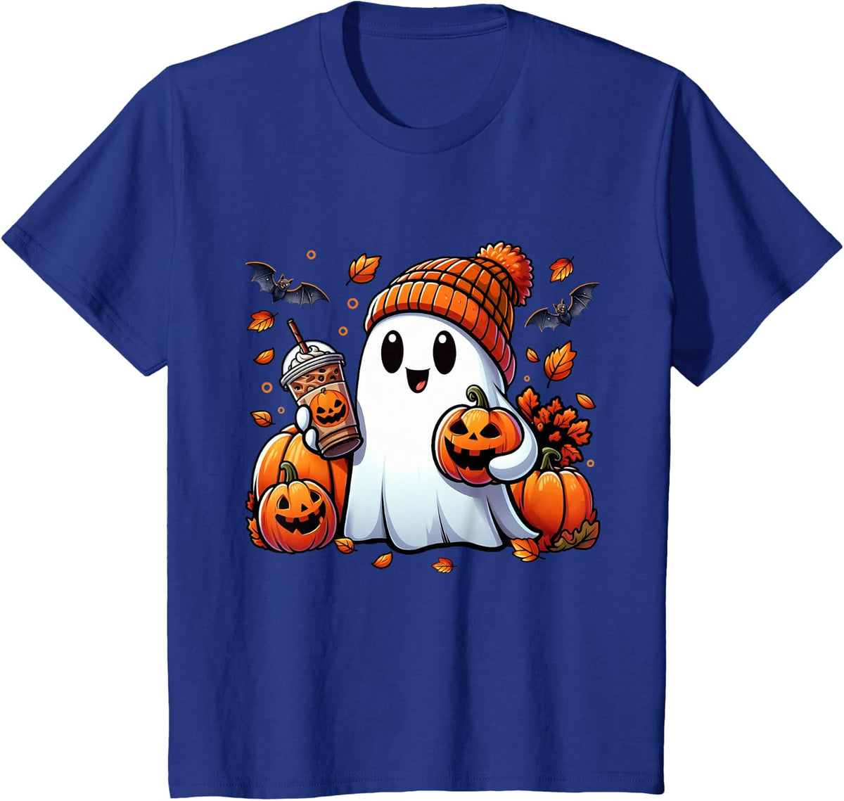 Cute Ghost Drinking Coffee Halloween Ghost Ice Coffee Womens T-Shirt - Royal Blue