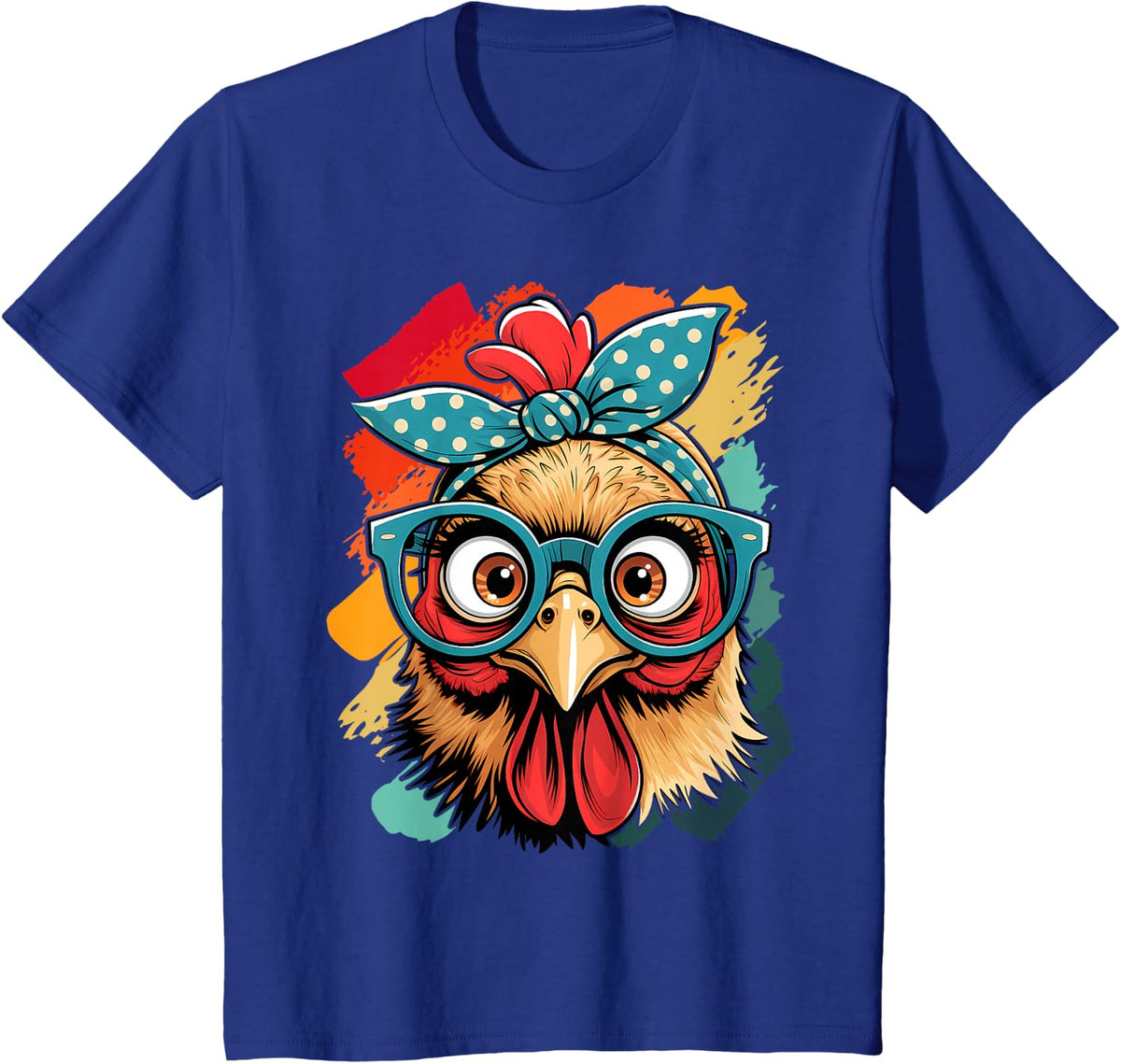 Cute Women Girl Chicken with Bandana Headband and Glasses T-Shirt - Royal Blue