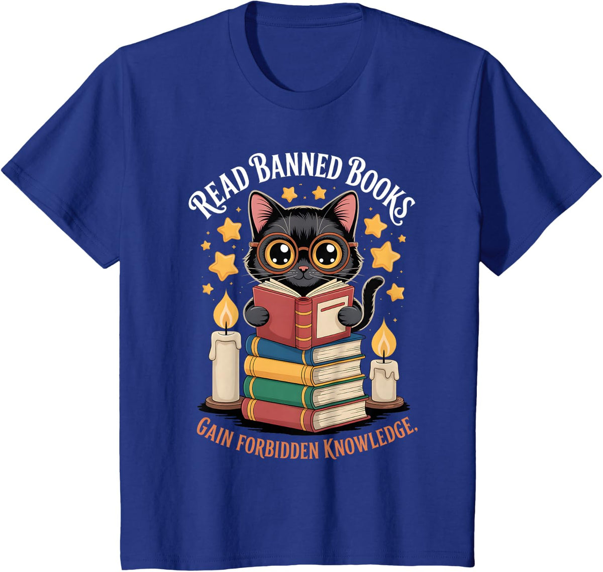Read Banned Books Gain Forbidden Knowledge Cute Cat Reader Tee T-Shirt for Book Lovers - Royal Blue