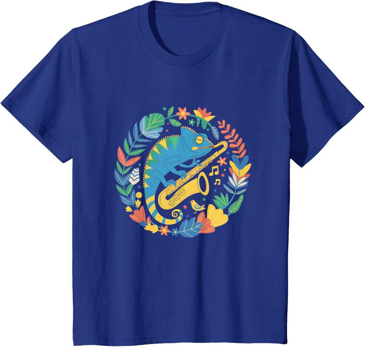 Colorful Chameleon Playing Saxophone Jazz Reptile Animal T-Shirt - Royal Blue
