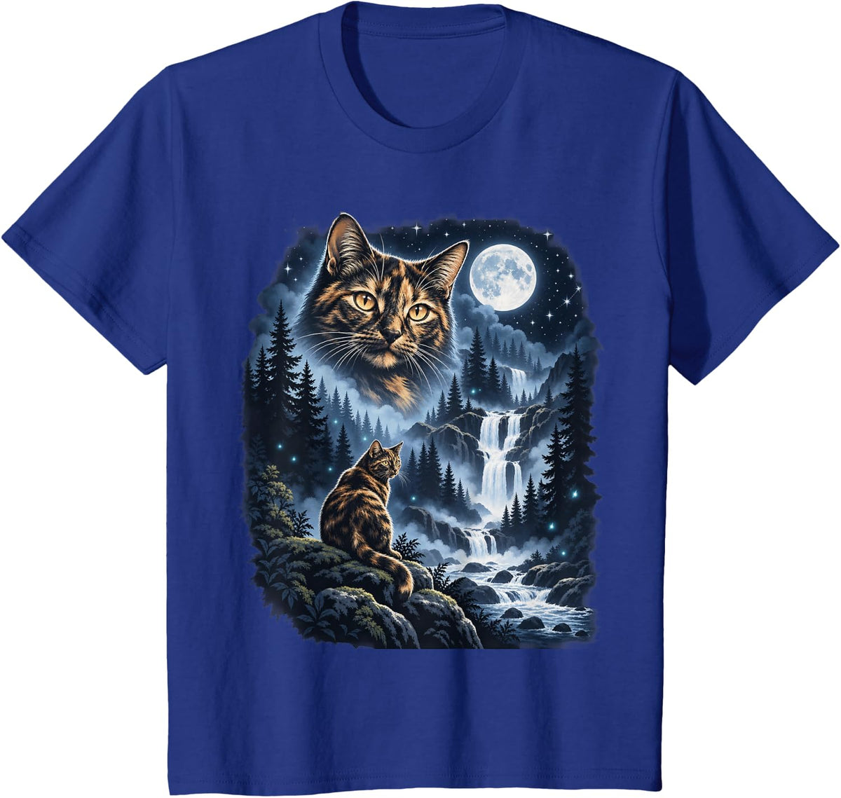Tortoiseshell Tabby Spirit Cat Night Forest T-Shirt - Royal Blue
