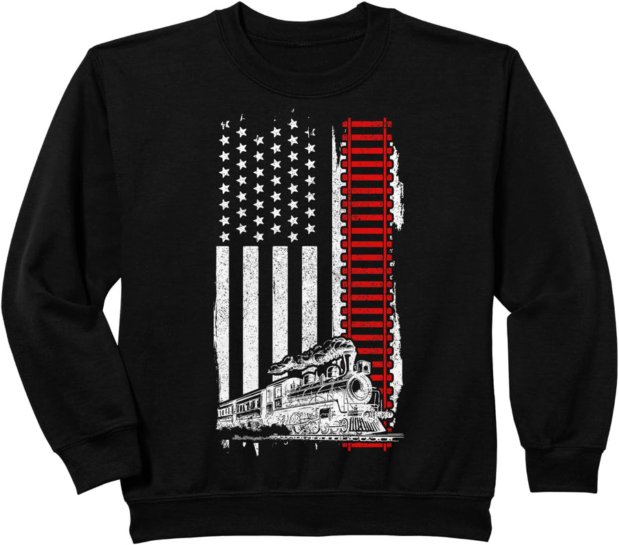 Train American Flag Patriotic Model Railroad Sweatshirt - Black