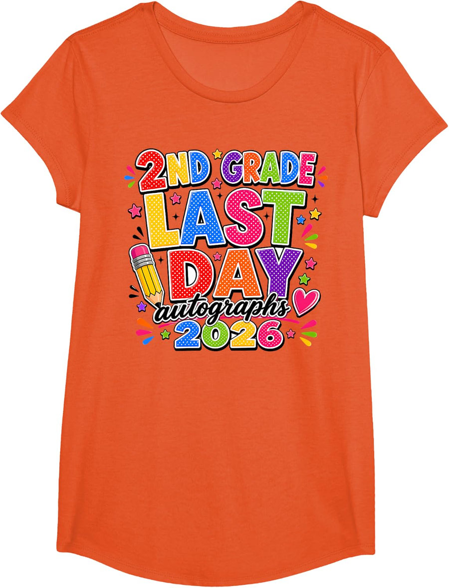 Last Day of School Autographs 2025-2026 2nd Grade Graduation T-Shirt Tee for Kids Boys Girls - Girls Orange