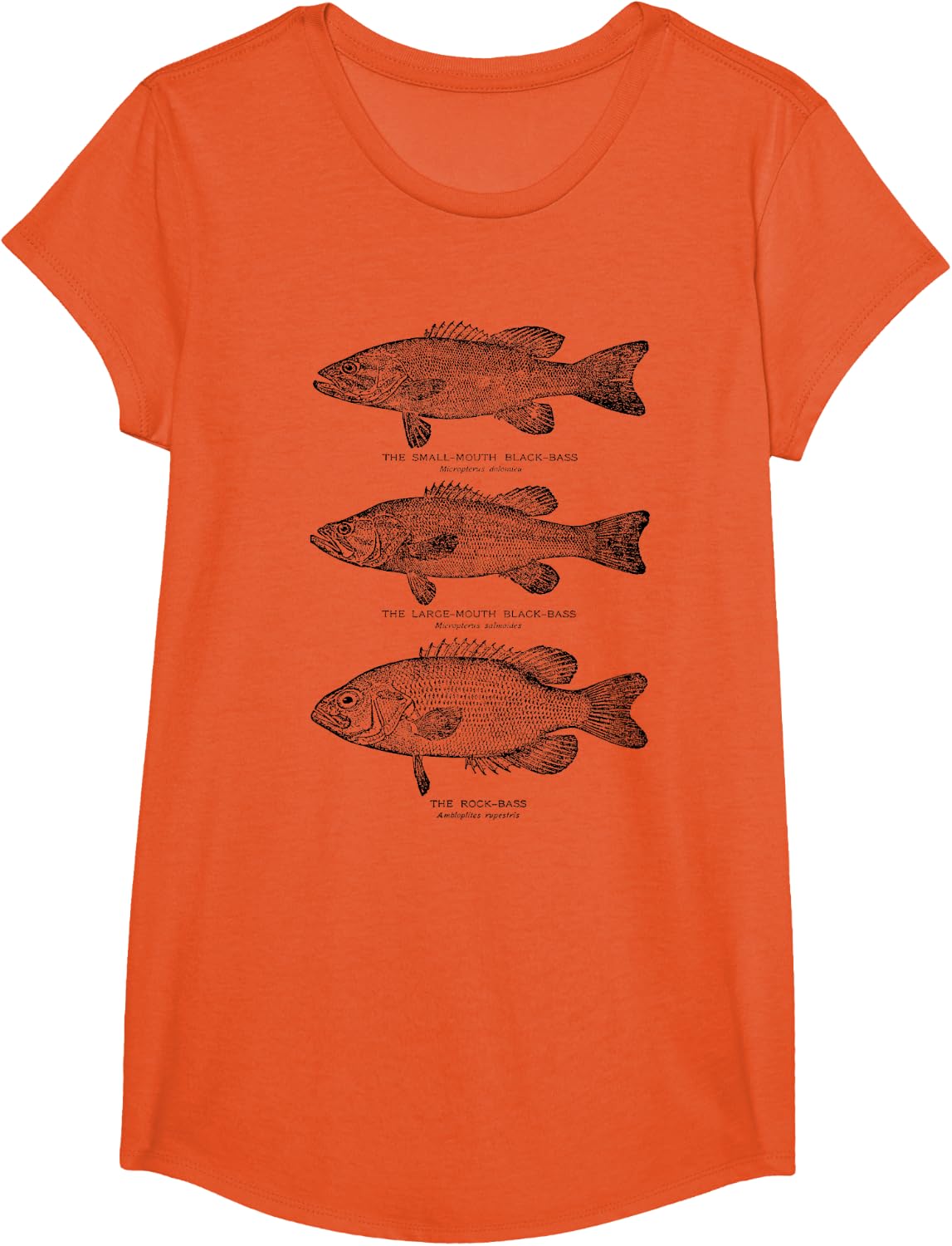 Bass Fishing Small and Large Mouth Rock Fish Illustration T-Shirt - Girls Orange