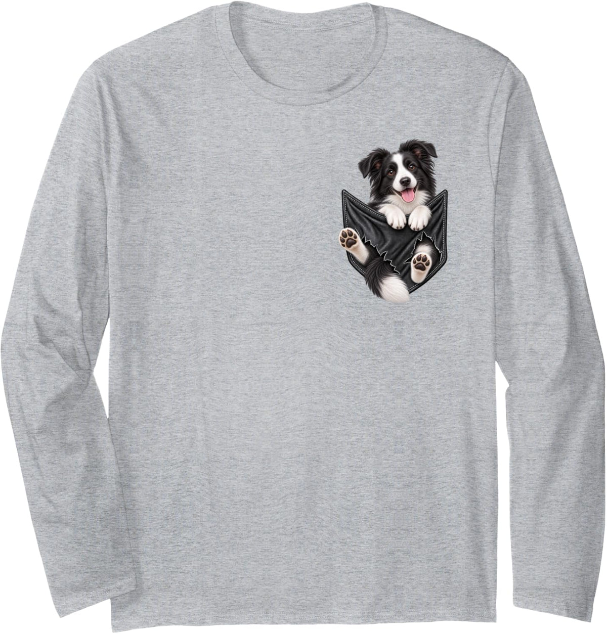 Cute Border Collie Dog Pocket Funny Dog Mom Dog Dad Long Sleeve T-Shirt - Adult Unisex Heather Grey