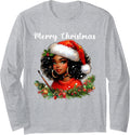 Black African Girl Merry Christmas American Melanin Santa Long Sleeve T-Shirt - Adult Unisex Heather Grey