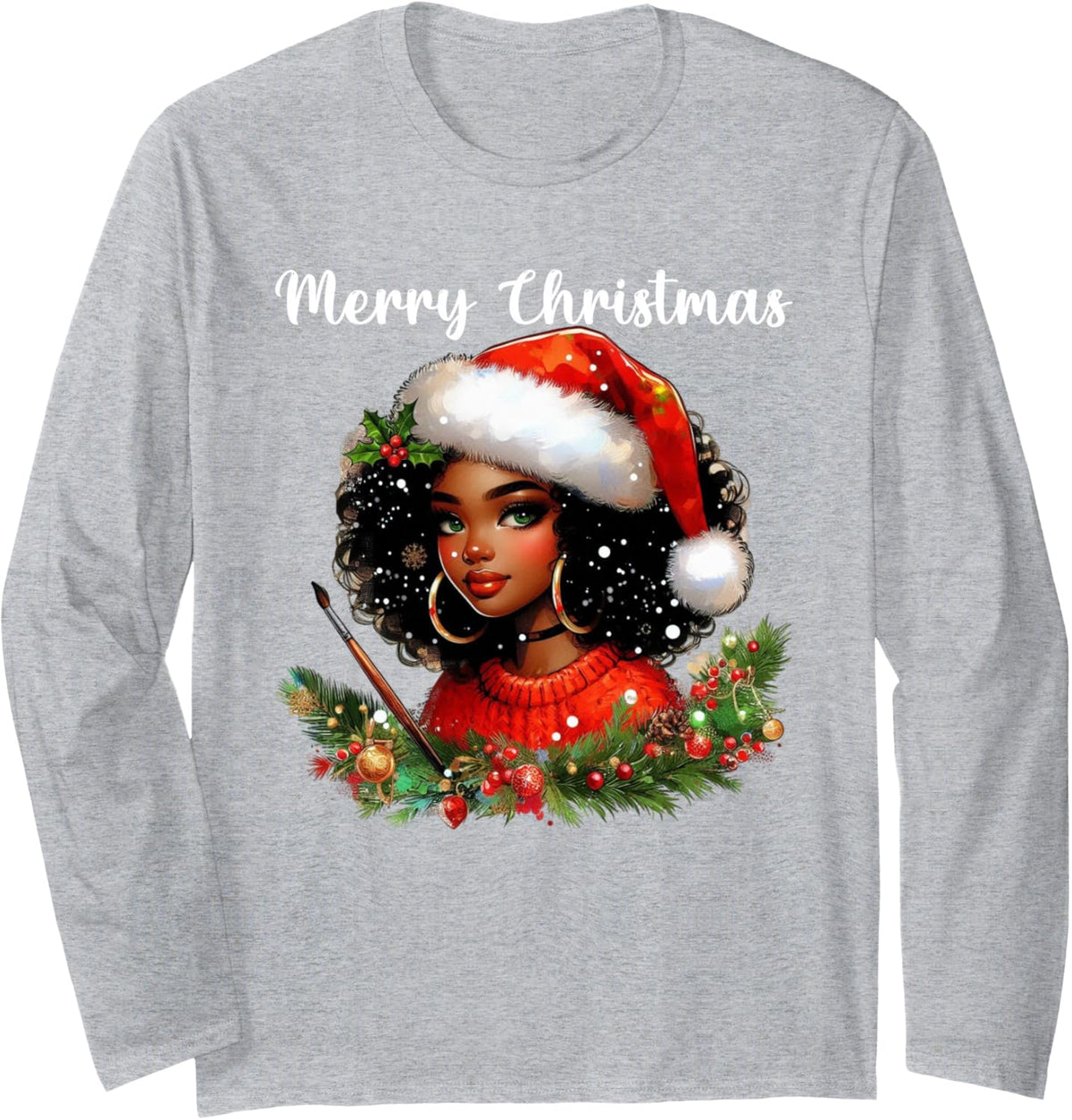 Black African Girl Merry Christmas American Melanin Santa Long Sleeve T-Shirt - Adult Unisex Heather Grey