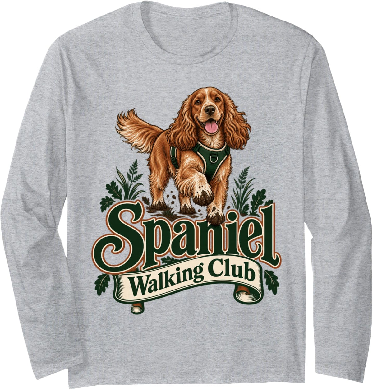 Spaniel Walking Club British Dog Lover Design Long Sleeve T-Shirt - Adult Unisex Heather Grey