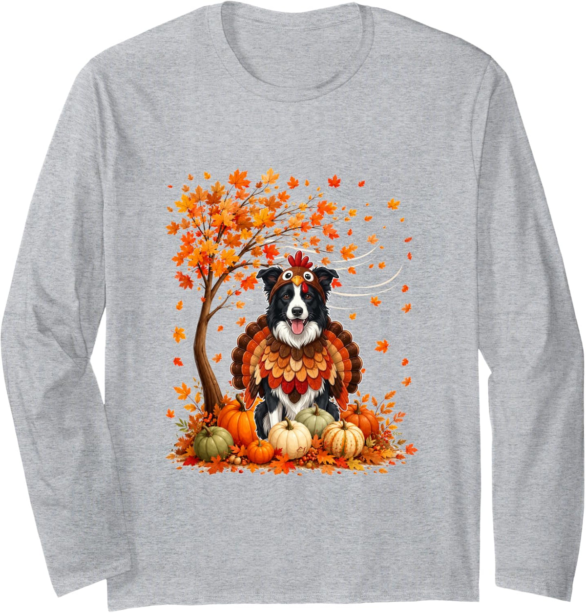 Border Collie Cosplay Turkey Fall Tree Pumpkins Thanksgiving Long Sleeve T-Shirt - Adult Unisex Heather Grey