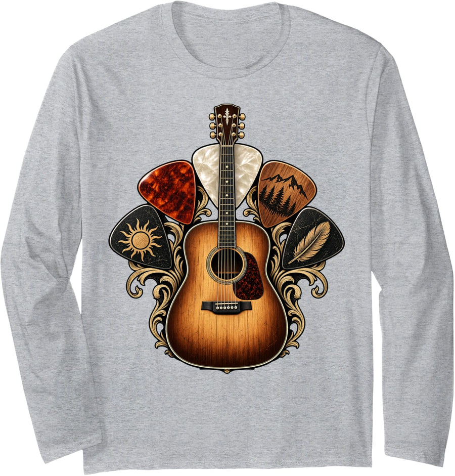 Acoustic Guitar with Picks Mountain Sun Feather Music Art Long Sleeve T-Shirt - Adult Unisex Heather Grey
