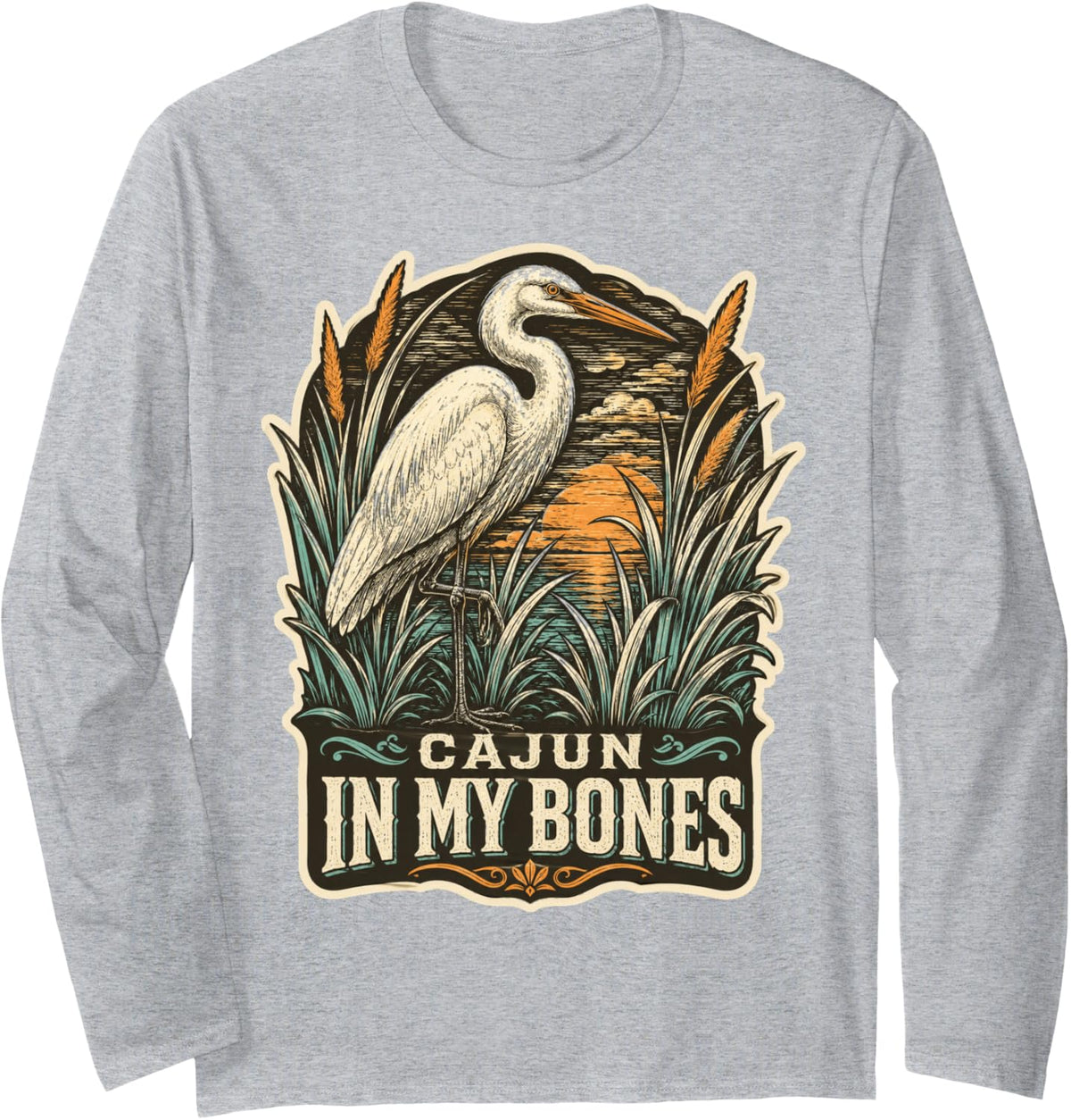 Cajun in My Bones Scratchboard Louisiana Mardi Gras Long Sleeve T-Shirt - Adult Unisex Heather Grey