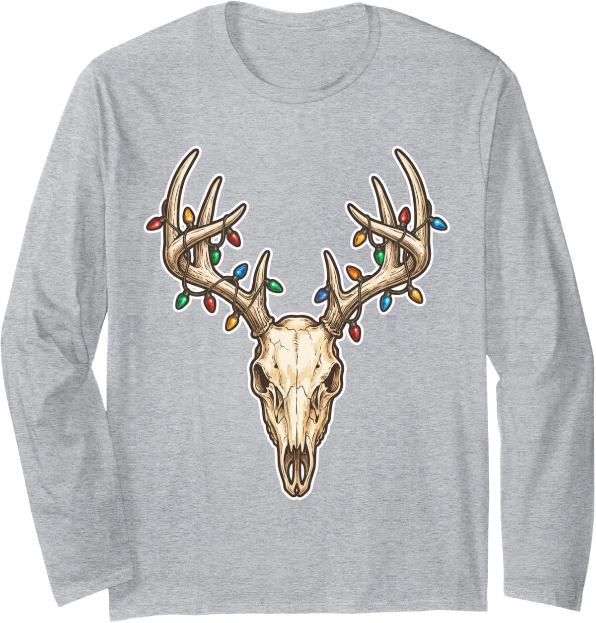 Deer Skull Antlers Christmas Lights Hunter Holiday Art Long Sleeve T-Shirt - Adult Unisex Heather Grey