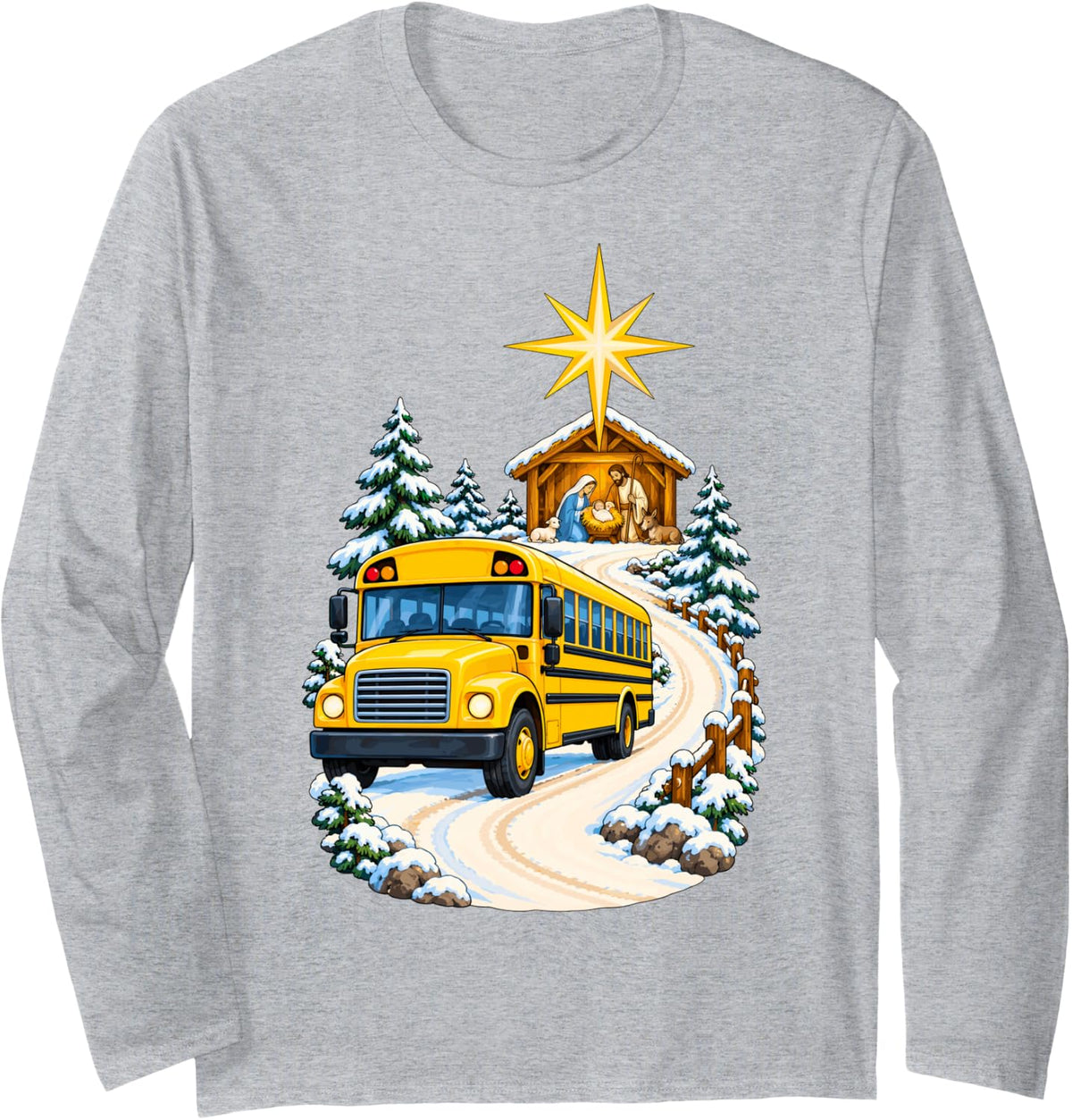 School Bus Driver Christmas Nativity Christian Faith Star Long Sleeve T-Shirt - Adult Unisex Heather Grey