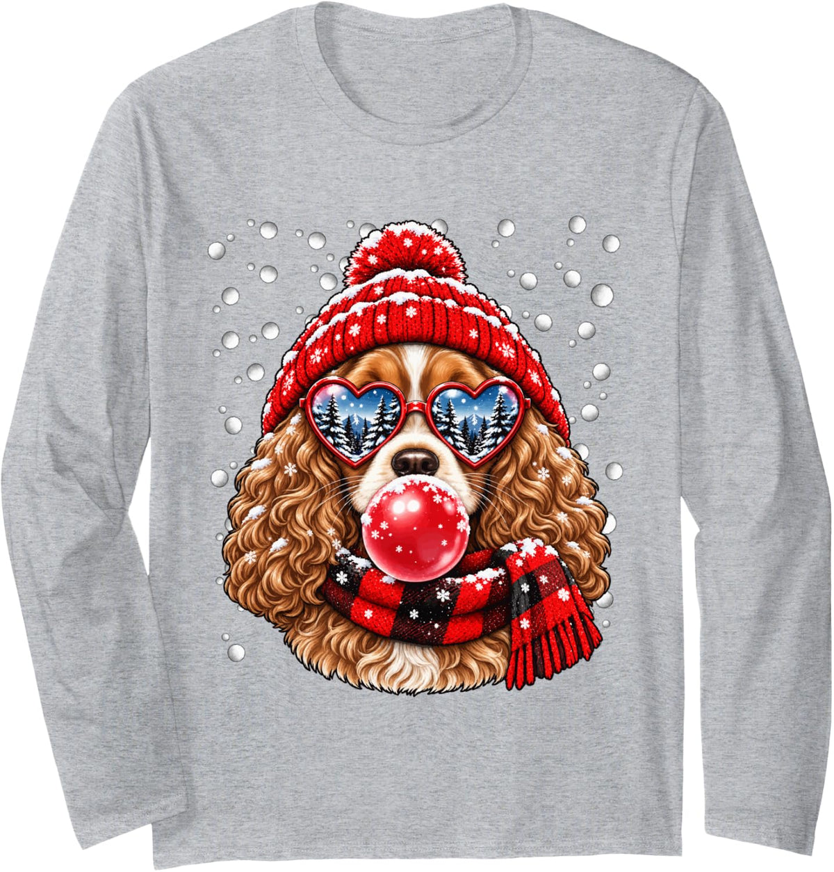 Snowy Cocker Spaniel with Bubblegum and Heart Glasses Winter Long Sleeve T-Shirt - Adult Unisex Heather Grey