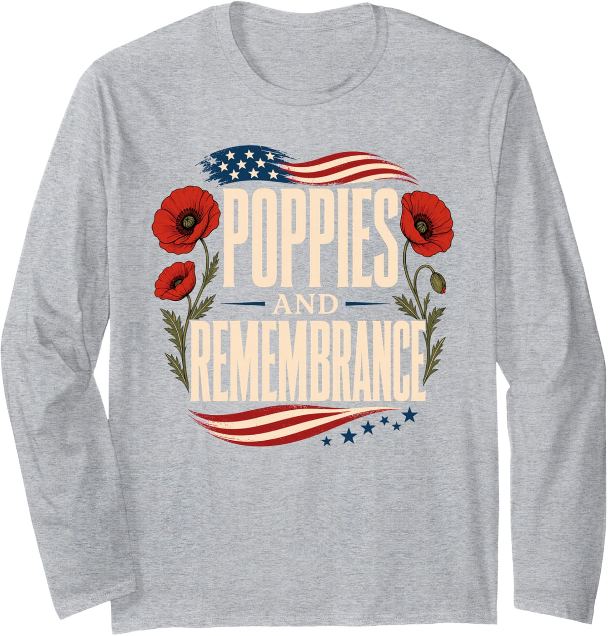 Poppies and Remembrance Flag Memorial Day Long Sleeve T-Shirt - Adult Unisex Heather Grey