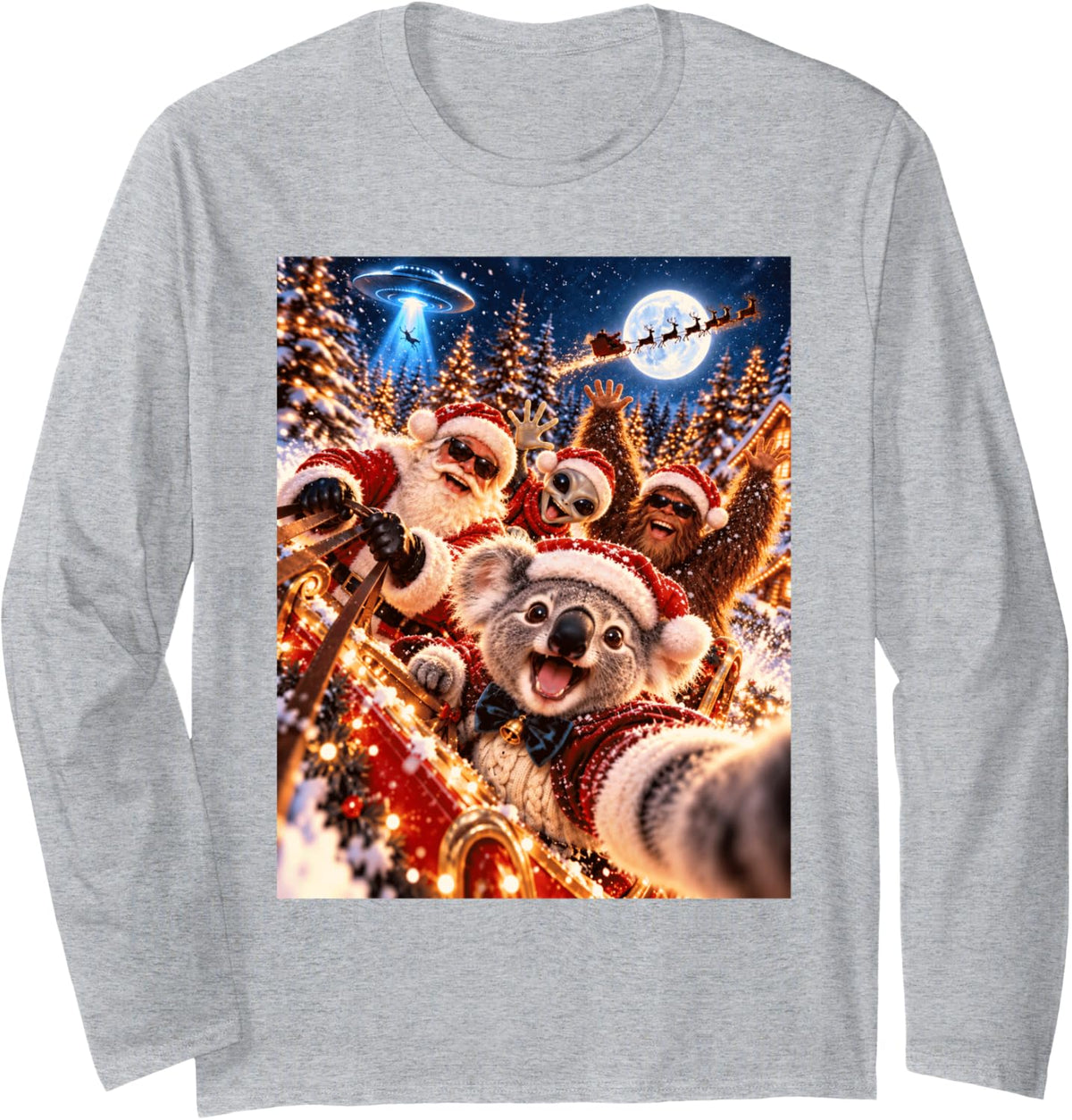 Delighted Koala Santa Christmas Selfie UFO Graphic Long Sleeve T-Shirt - Adult Unisex Heather Grey
