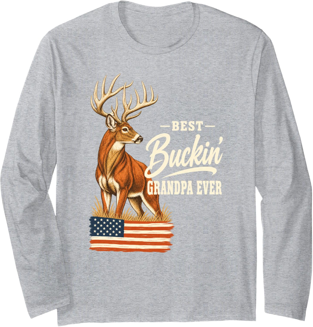 Best Buckin' Grandpa Ever Deer Hunting American Flag Long Sleeve T-Shirt - Adult Unisex Heather Grey