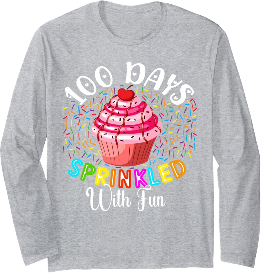 100 Days Sprinkled with Fun Cupcake 100th Day of School Long Sleeve T-Shirt - Adult Unisex Heather Grey