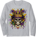 Mardi Gras Sugar Skull Carnival New Orleans Party Men Women Long Sleeve T-Shirt - Adult Unisex Heather Grey