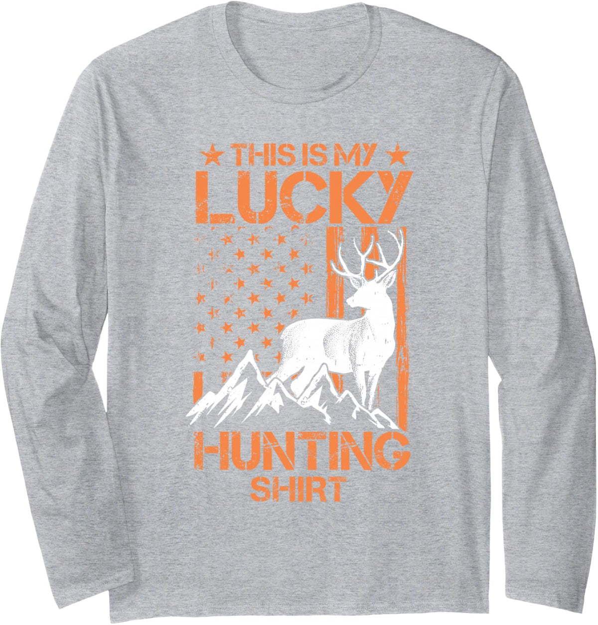 This is My Lucky Hunting Whitetail Buck American Flag Deer Long Sleeve T-Shirt - Adult Unisex Heather Grey