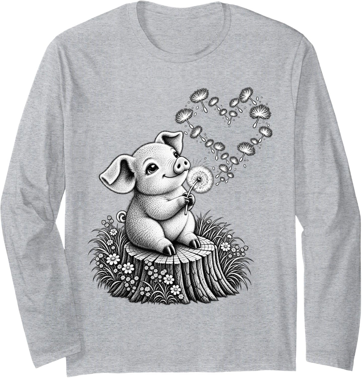 Pig Animal Art Portrait Wildlife Forest Pig Lover Long Sleeve T-Shirt - Adult Unisex Heather Grey