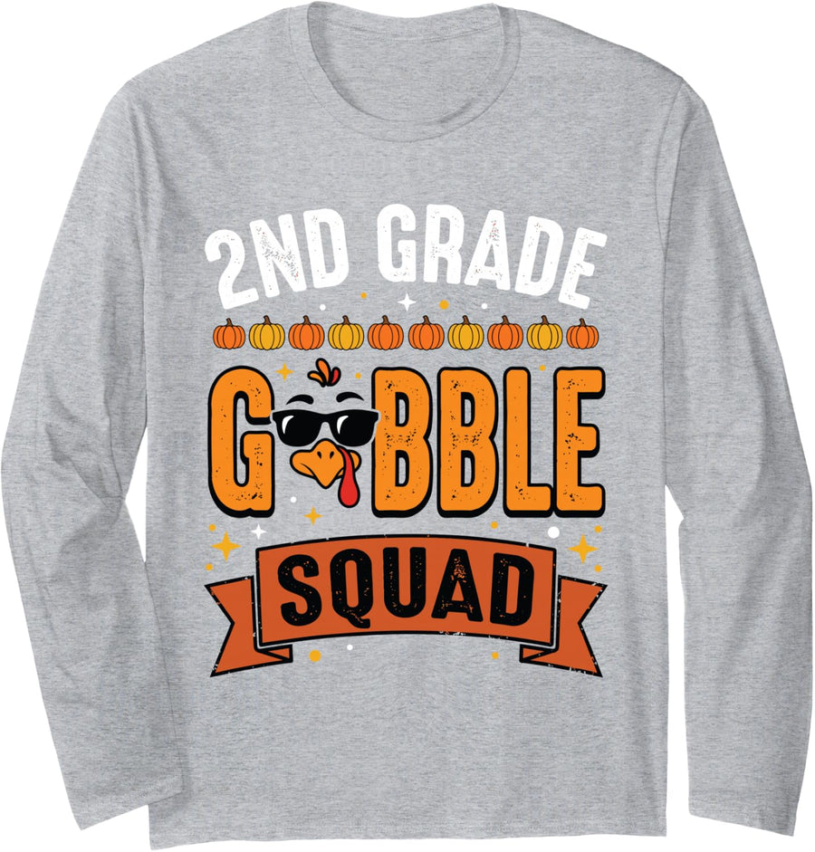 2nd Grade Gobble Squad Turkey Thanksgiving Second Grader Long Sleeve T-Shirt - Adult Unisex Heather Grey