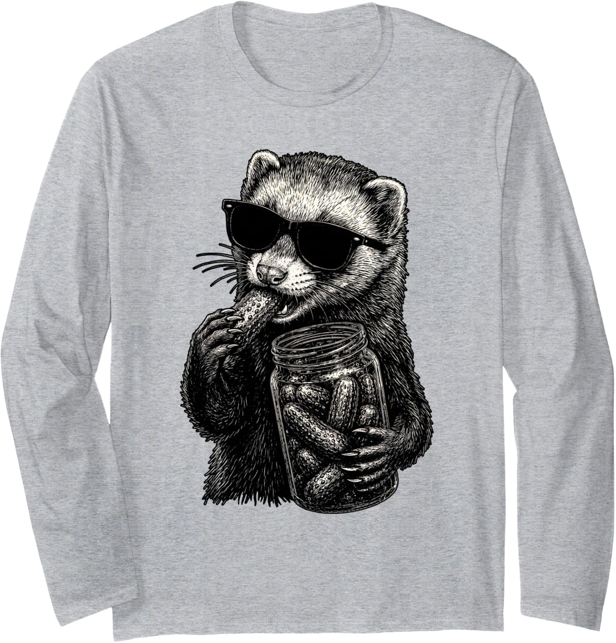 Ferret Eating Pickles Funny Animal Men Women Long Sleeve T-Shirt - Adult Unisex Heather Grey