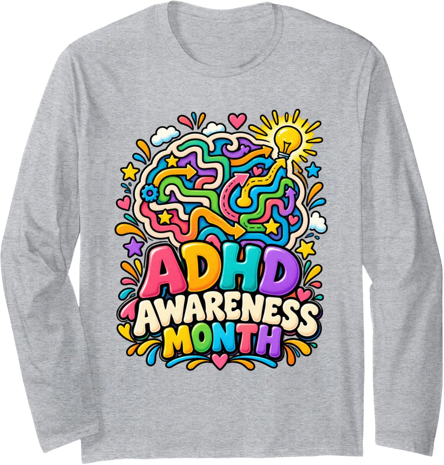 ADHD Awareness Month Neurodiversity Brain Support Mental He Long Sleeve T-Shirt - Adult Unisex Heather Grey