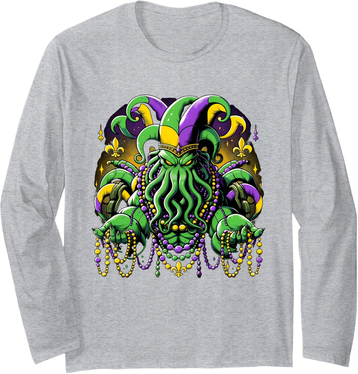 Mardi Gras Cthulhu Jester Long Sleeve T-Shirt - Adult Unisex Heather Grey