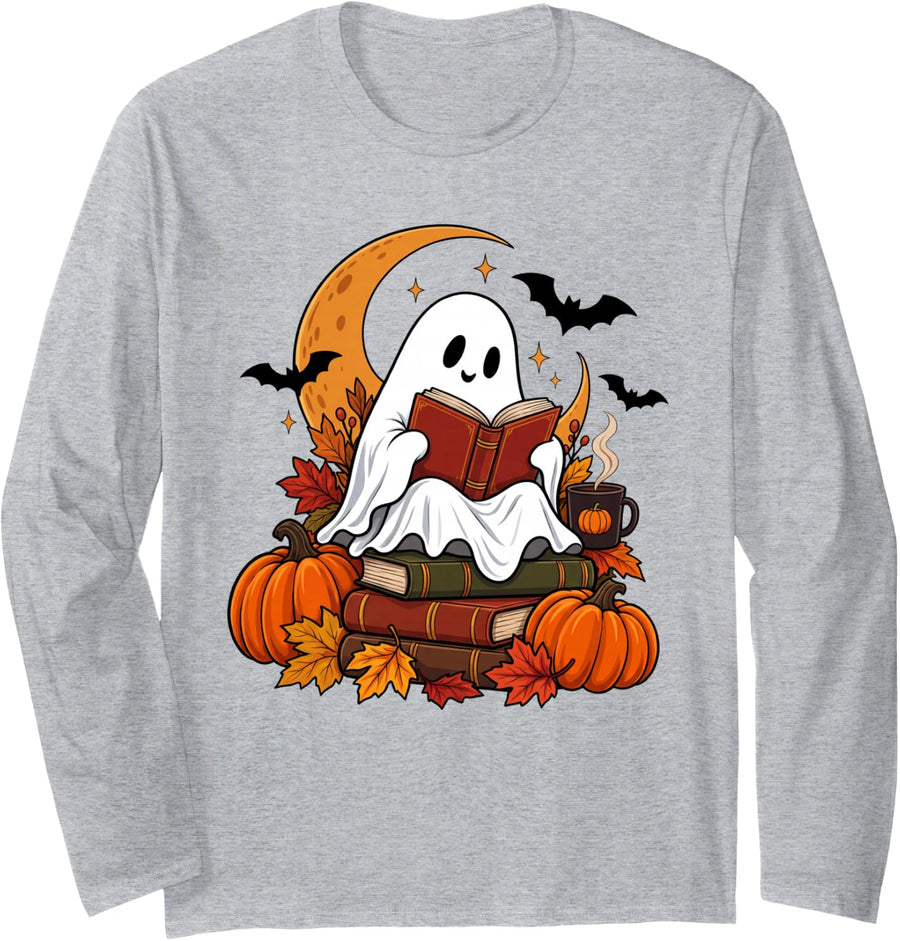 Cute Ghost Reading Book Lovers Halloween Autumn Fall Long Sleeve T-Shirt - Adult Unisex Heather Grey