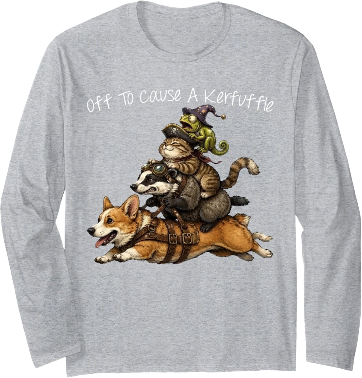 Off to Cause A Kerfuffle Chameleon Cat Badger Riding Corgi Long Sleeve T-Shirt - Adult Unisex Heather Grey