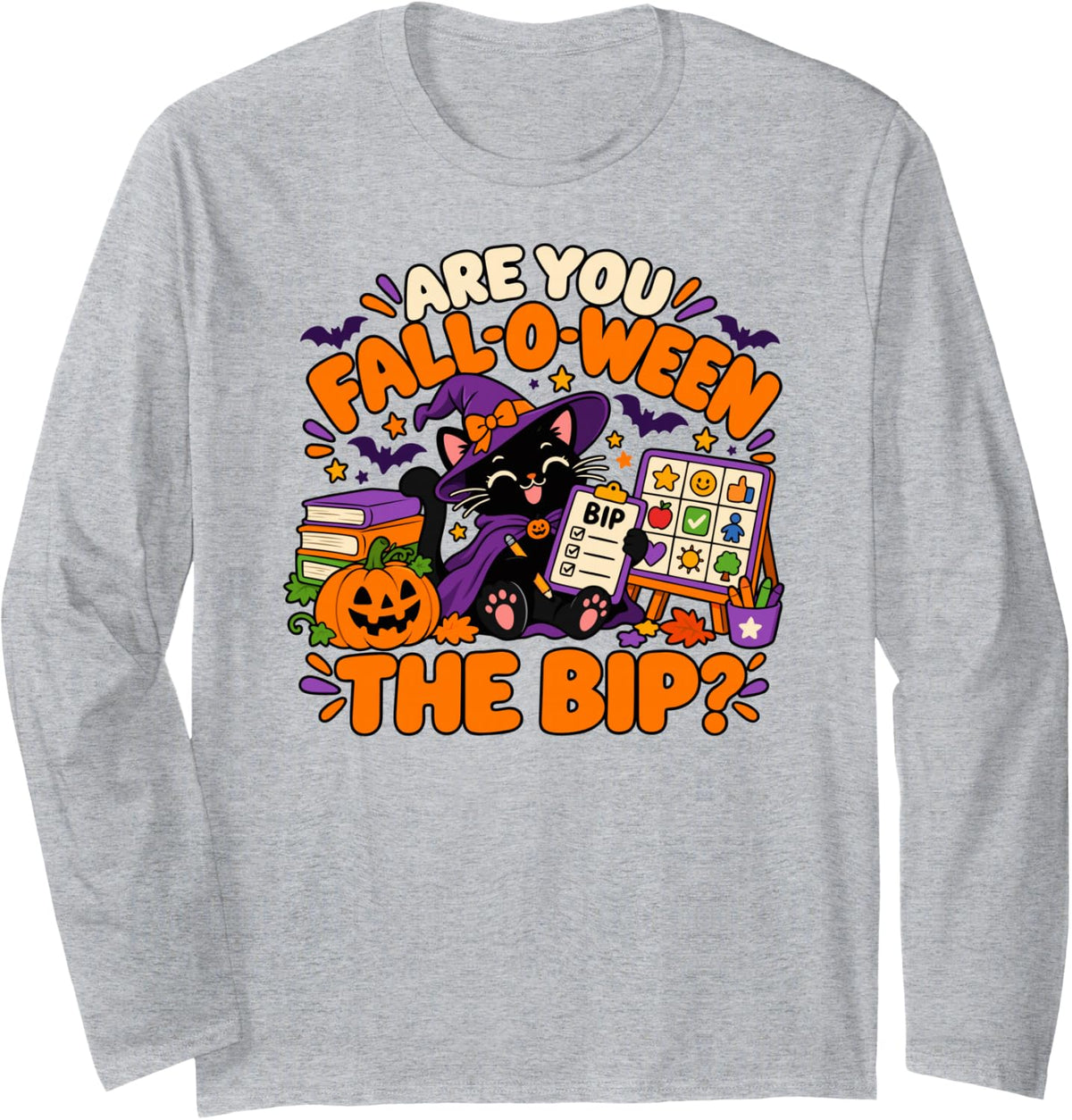 are You Fall-O-Ween The BIP Black Cat ABA Therapy Halloween Long Sleeve T-Shirt - Adult Unisex Heather Grey
