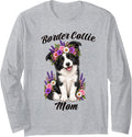 Border Collie Mom Cute Puppy Floral Crown Flowers Long Sleeve T-Shirt - Adult Unisex Heather Grey