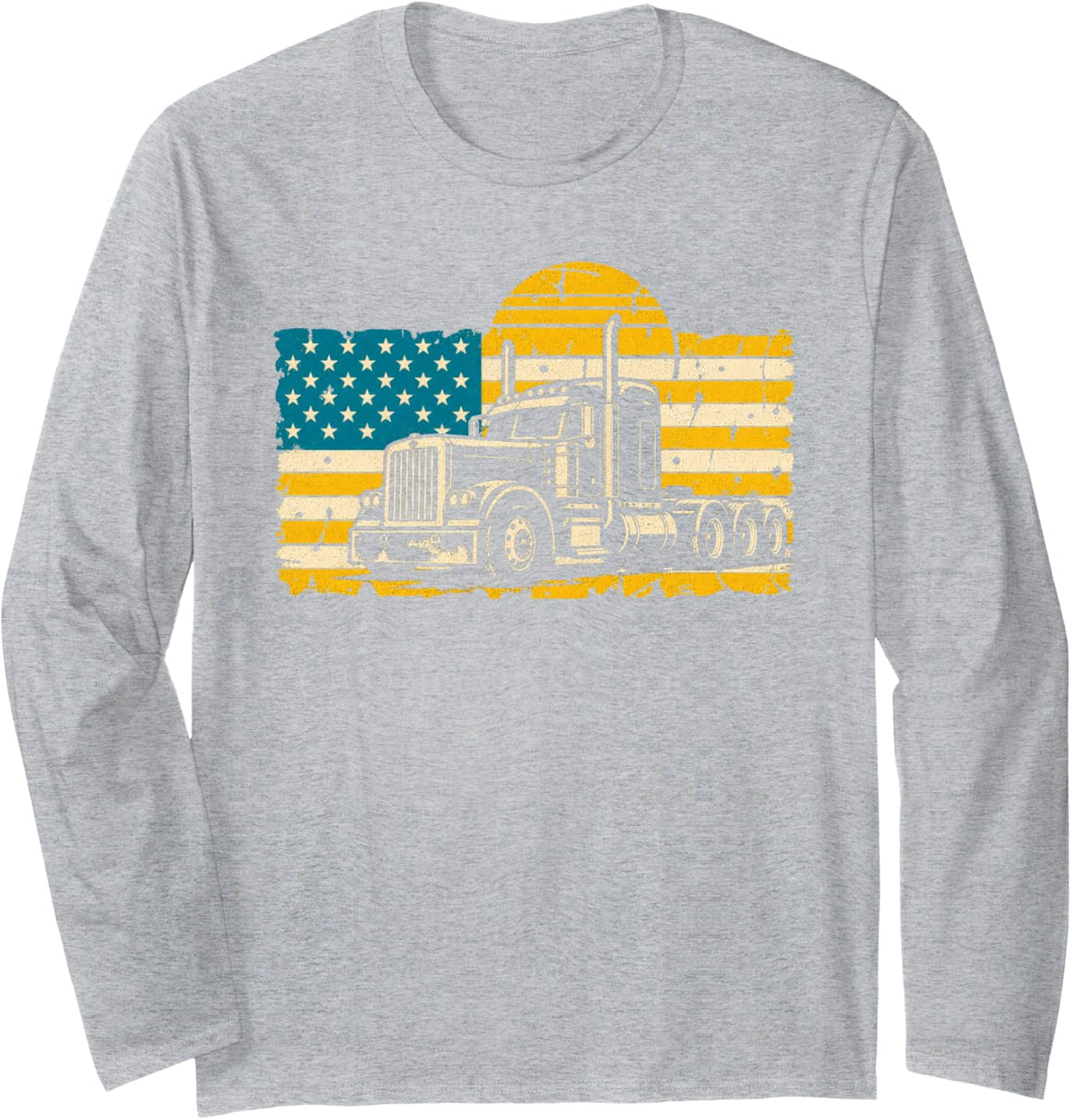 Sunset Stripes Big Rig American Flag Truck Driver Trucker Long Sleeve T-Shirt - Adult Unisex Heather Grey