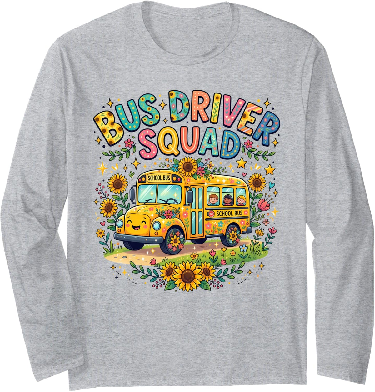 Transportation Squad Driving Bus Driver Yellow School Bus Long Sleeve T-Shirt - Adult Unisex Heather Grey