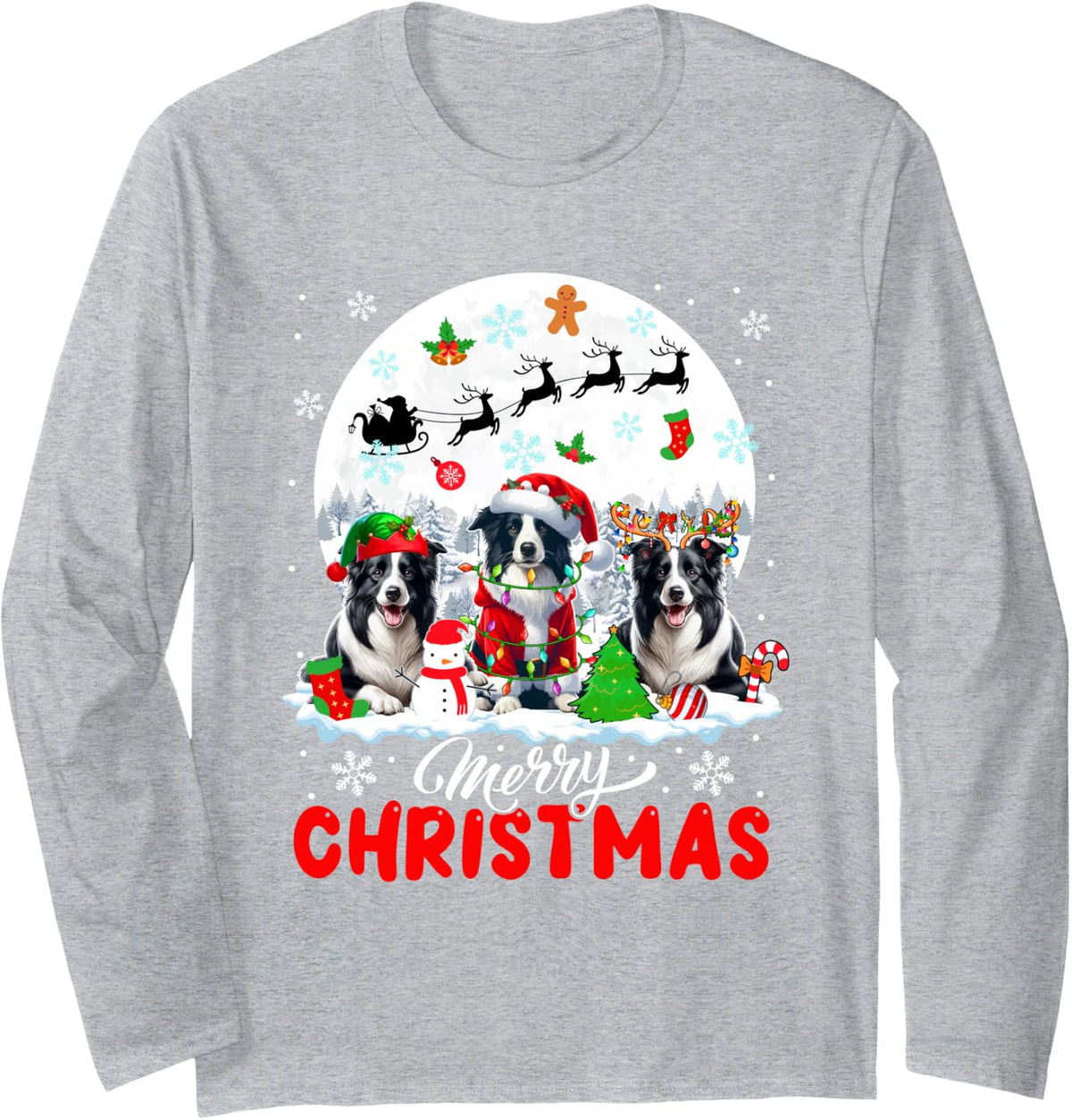 Merry Christmas Three Santa Elf Reindeer Border Collies Long Sleeve T-Shirt - Adult Unisex Heather Grey