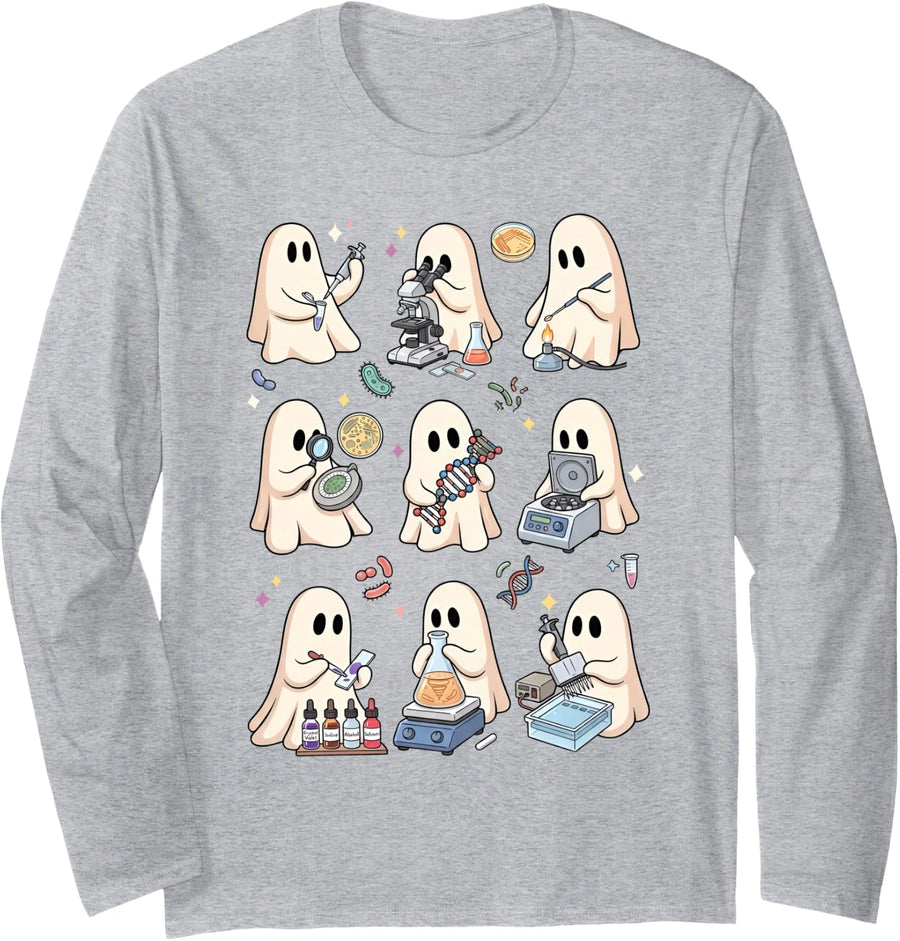 Biologist Ghost Halloween Laboratory Science Microbiology Long Sleeve T-Shirt - Adult Unisex Heather Grey