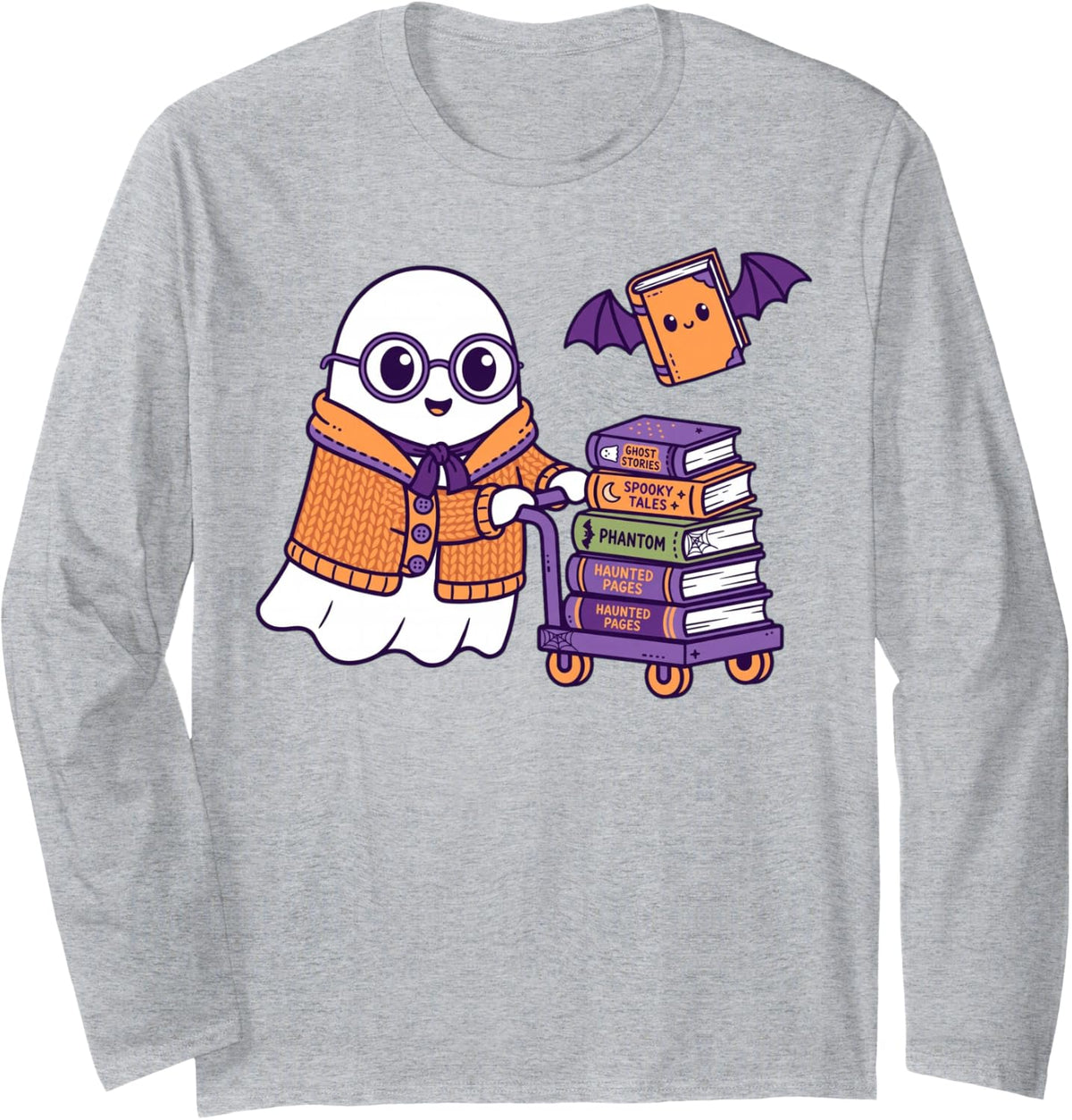 Librarian Library Staff School Halloween Boo Crew Long Sleeve T-Shirt - Adult Unisex Heather Grey