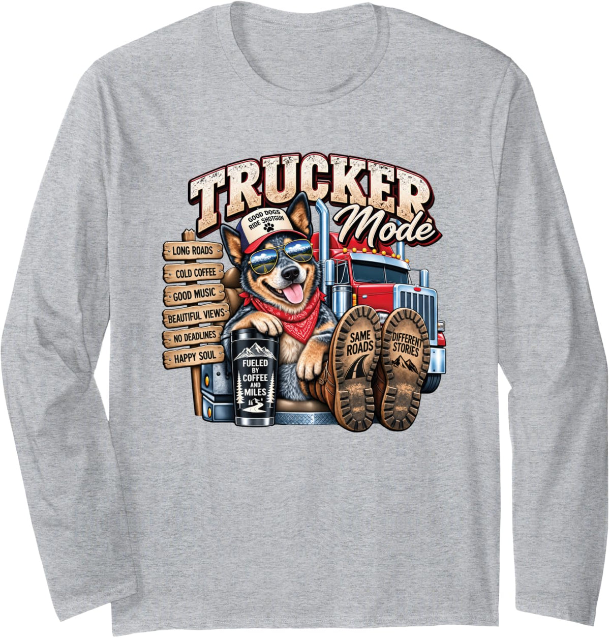 Funny Trucker Blue Heeler Dog Semi Truck Driver Humor Design Long Sleeve T-Shirt - Adult Unisex Heather Grey