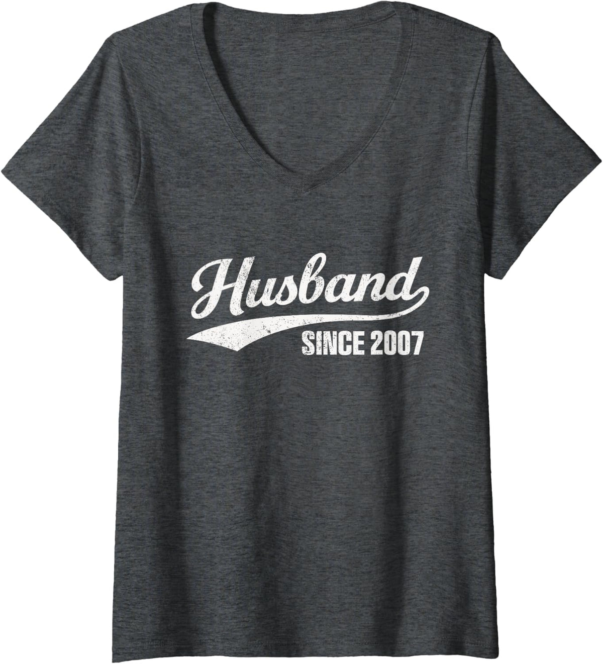 Women's Retro Distressed Husband Since 2007 19th Wedding Anniversary V-Neck T-Shirt - Dark Heather Grey