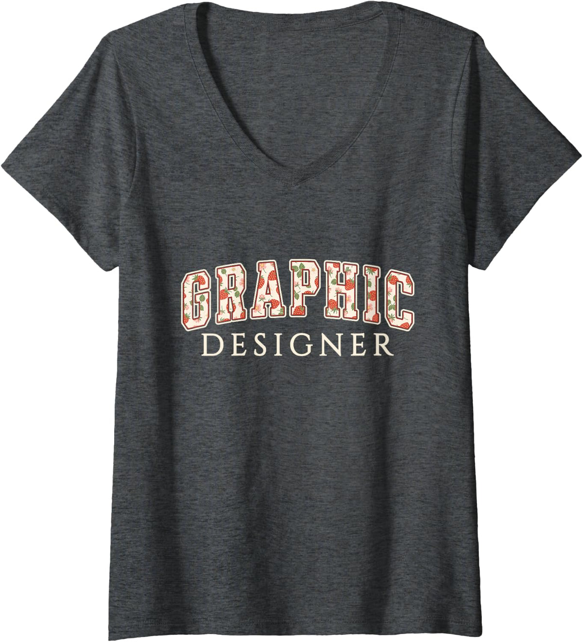 Women's Graphic Designer Strawberry Varsity Letters Artist V-Neck T-Shirt - Dark Heather Grey