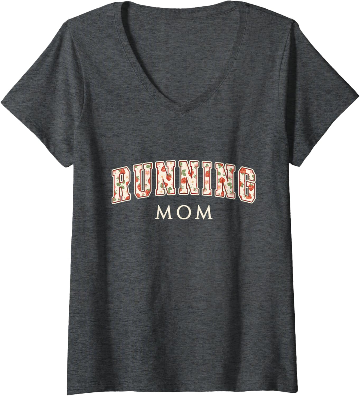 Women's Running Mom Strawberry Varsity Letters Runner Mama V-Neck T-Shirt - Dark Heather Grey