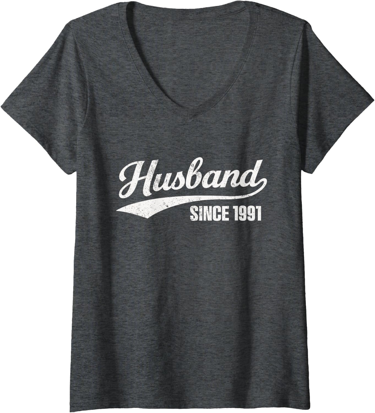 Women's Retro Distressed Husband Since 1991 35th Wedding Anniversary V-Neck T-Shirt - Dark Heather Grey